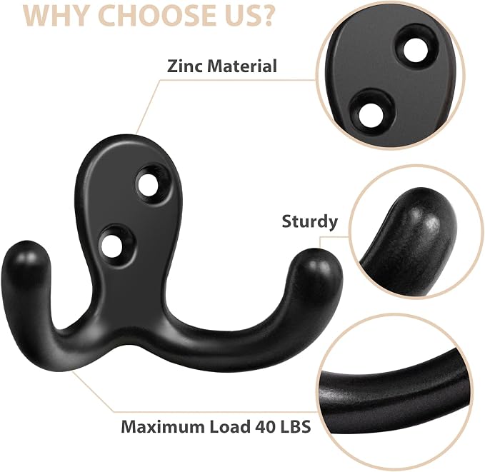 Homanu 34 Pack Coat Hooks, Heavy Duty Double Prong Coat Hooks Wall Mounted