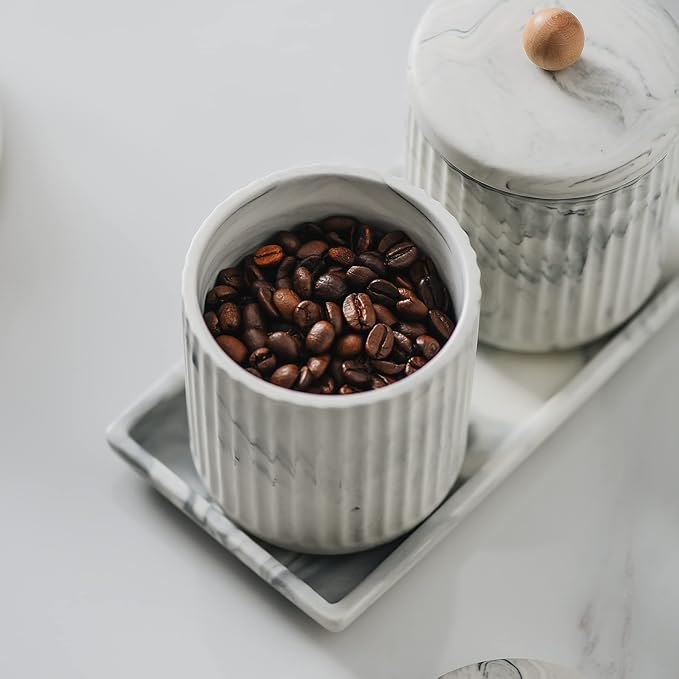 Marble Small Bathroom Jar Set ，Ceramic Cotton Swabs Holder with Lid and Dresser Organizer Set Tray for Storage and Organizing in Bathroom, Dresser, Kitchen, Office