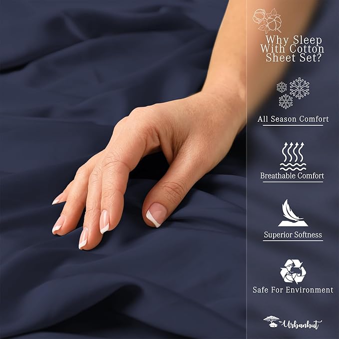 URBANHUT 700 Thread Count King Size Egyptian Cotton Sheets, 4Pc Sheet Set Soft Luxury Bed Sheets for King Size Bed, Sateen Weave Hotel Sheets, 16'' Elasticized Deep Pocket - Navy Blue