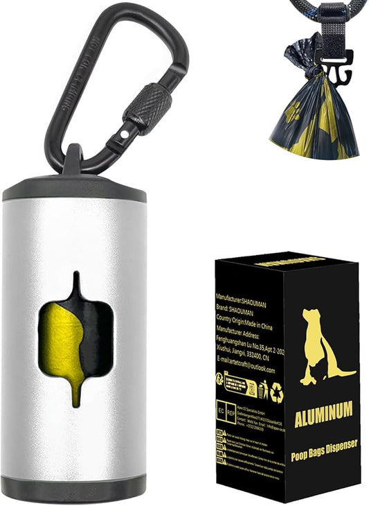 Metal Dog Poop Bag Holder w/Leash Clip|Durable Scratch-Resistant Aluminum|15 Bags+3 Accessories(Silver)