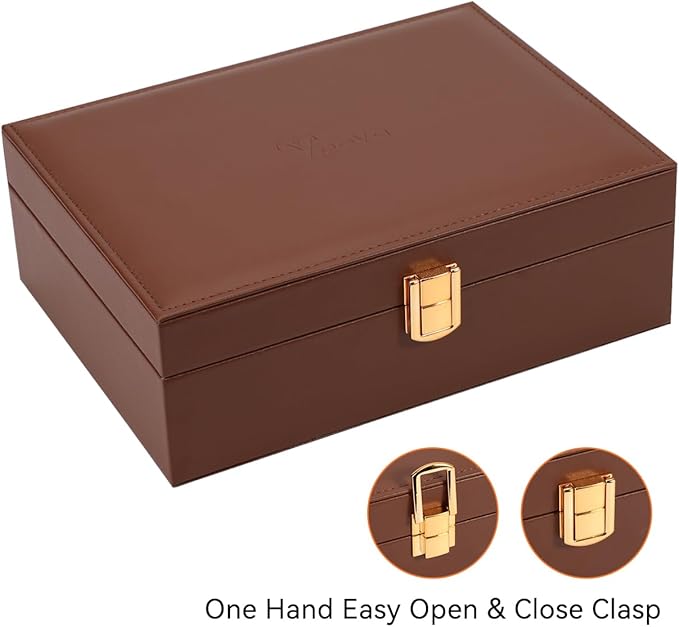 Voova Jewelry Box Organizer for Women Girls, 2 Layer Large Men Jewelry Storage Case, PU Leather Display Jewellery Holder with Removable Tray for Necklace Earrings Rings Bracelets, Caramel Brown