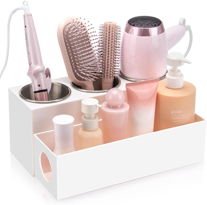 Hair Tool Organizer - Bathroom Vanity Organizers and Storage, Hair Styling Accessories Hot Tools Organizer Hair Dryer, Blow Dryer, Curling Iron, Flat Iron, Hair Straightener, White