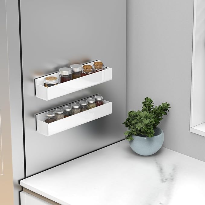 VAEHOLD Adhesive Acrylic Spice Rack with Nano Double Sided Tape Wall Mount Organizer Wall Spice Rack With Shelf Ends for Kitchen Cabinet Door - 2 Pack 12'' Shelves (White)