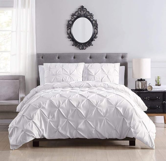 Pinch Pleated Duvet Cover Set 100% Cotton 3PC Oversize Plus Size 128x120 Duvet Cover Set, Decorative Pinch Design White Duvet Cover with Matching Pillow Case