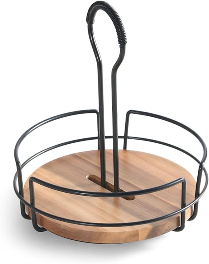 Mikasa Gourmet Basics Hanover Condiment Caddy with Rotating Caddy Organizer Design, Acacia Wood Insert - Durable, BPA-Free, Heavy-Gauge Carbon Structured Steel for Condiment Storage