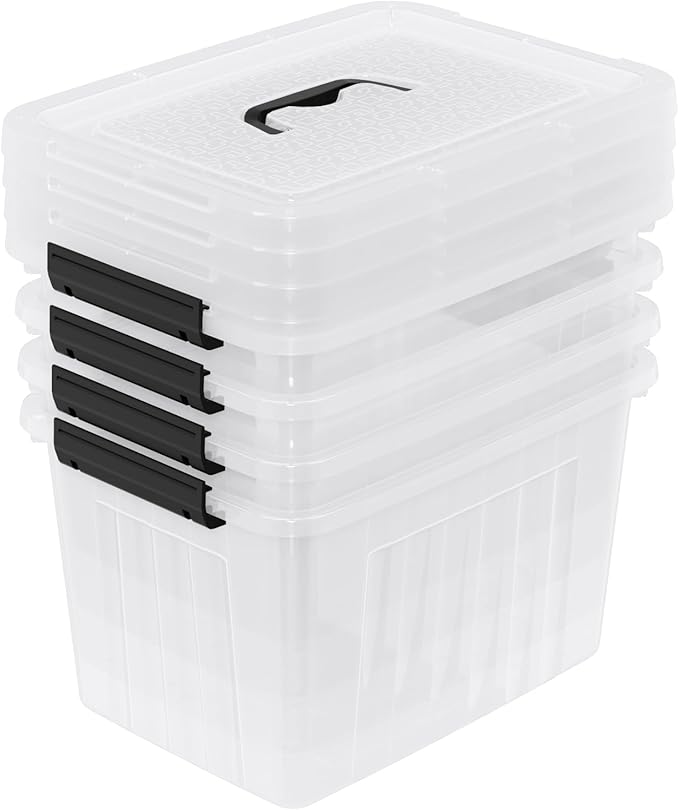 4 Pack Plastic Storage Boxes, Lidded Storage Bins with Handle, 20L, Clear