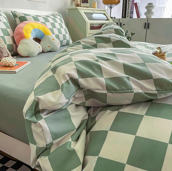 KAREVER Green White Grid Comforter Set Twin Sage Green Plaid Bedding Set Girls Light Green White Checkered Bed Set Breathable Blanket Set Kids Durable Bedding Comforter Set