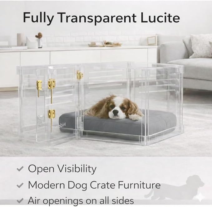 Clear Acrylic Small Dog Crate Furniture with Blush Cushion for Small Dogs up to 22 lbs, 3 in 1 Pet Crate and Gate, Modern Furniture Style Indoor Kennel, Dual Gold Latch, 16 x 24 x 18 in