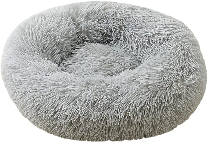 Calming Faux Fur Dog Beds Calming Donut Cuddler Dog Bed Washable Round Cat Bed Pillow Cuddler Fluffy Indoor Dog Calming Beds with Anti Slip Bottom Solid Color Light Grey 43 Inch