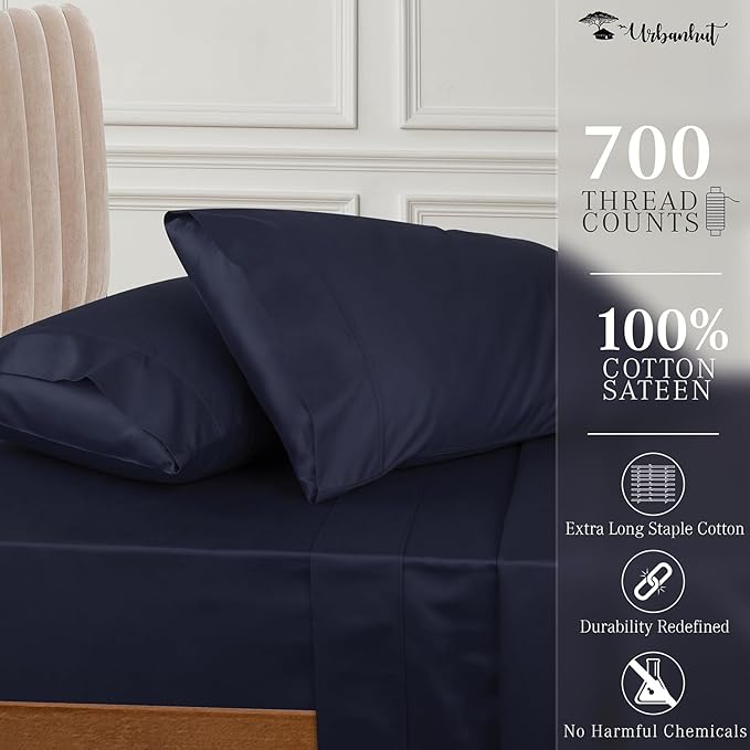 URBANHUT 700 Thread Count King Size Egyptian Cotton Sheets, 4Pc Sheet Set Soft Luxury Bed Sheets for King Size Bed, Sateen Weave Hotel Sheets, 16'' Elasticized Deep Pocket - Navy Blue