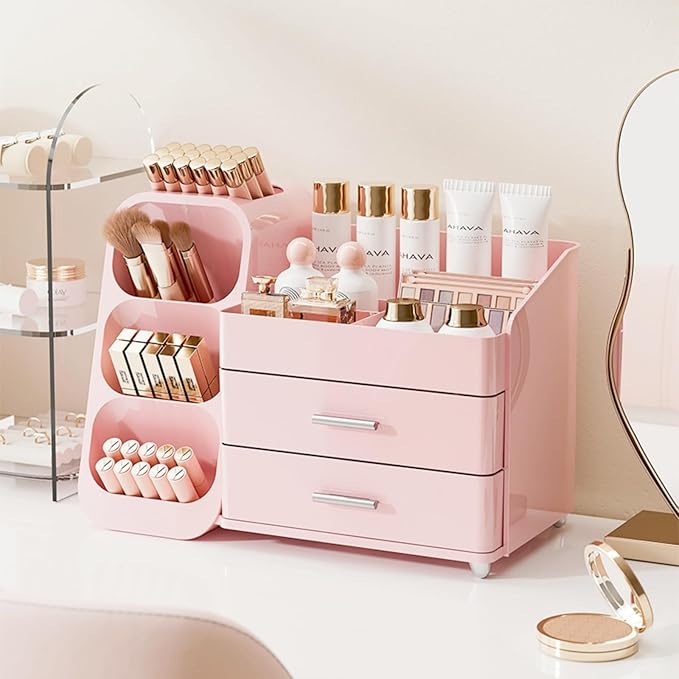 Makeup Organizer with Drawers,Large Capacity Countertop Organizer for Vanity,Bathroom and Bedroom Desk Cosmetics Organizer,Easy To Storage Skincare,Brushes,Lotions,Lipstick (All Pink)