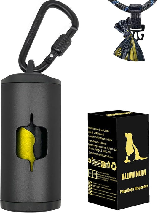 Metal Dog Poop Bag Holder w/Leash Clip|Durable Scratch-Resistant Aluminum|15 Bags+3 Accessories(Black)