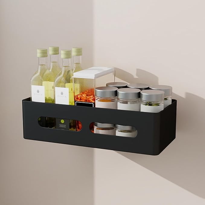 Magnetic Spice Storage Refrigerator Rack Seasoning Organizer Wall-Mounted Shelf with Hook for Kitchen Bathroom Organization (4, Black)