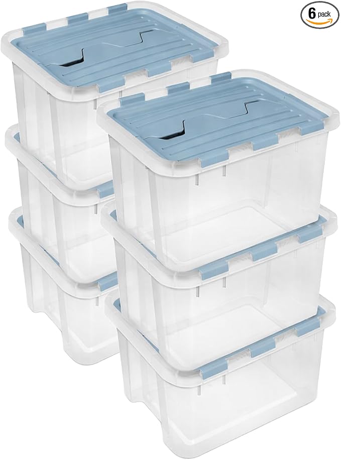 Sterilite 6 Pack Hinged Lid Storage Box, 60 Qt Plastic Container, Washed Blue - Home Organizer Tote for Storing Shoes, Crafts, Clothing, or Decor