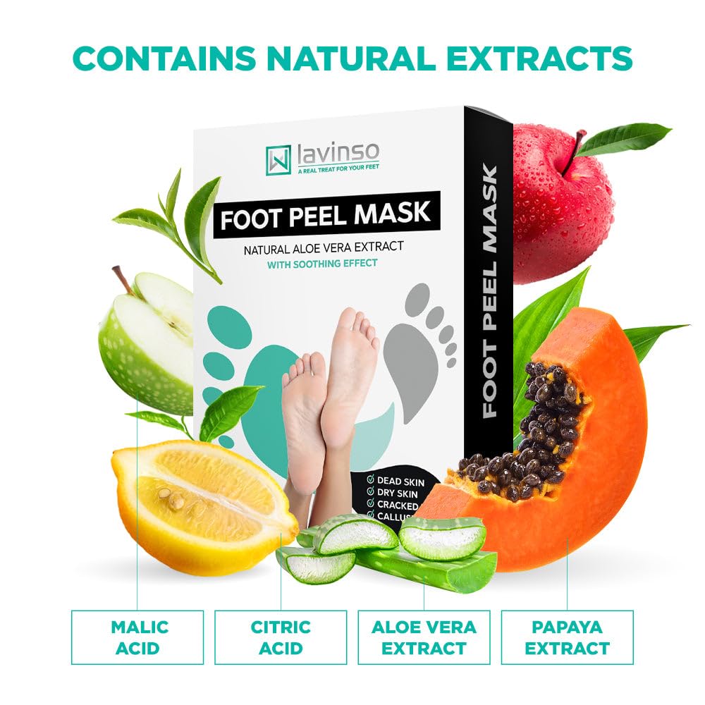 Lavinso Foot Peel Mask for Dry Cracked Feet – 2 Pack Peeling Mask Removes Dead Skin and Calluses - Exfoliating for Soft Baby Feet, Original Scent