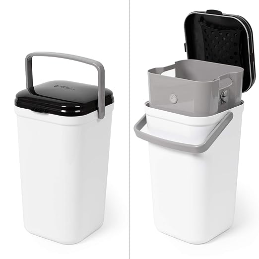 PetFusion Portable Cat Litter Disposal; Innovative Dog Poop Trash Can with Locking Handle, included Deodorizer; Built-in Poop Bag Holder; With 10 Waste Bags; White and Black