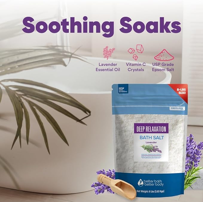 Deep Relaxation Bath Salt 128 Ounces Epsom Salt with Natural Lavender Essential Oil Plus Vitamin C in BPA Free Pouch