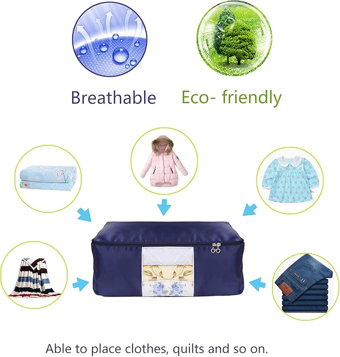 Blanket Storage Bags Pillow Bedspread Bedding Clothes Organizer Storage Containers With Zippers Breathable and Moistureproof. (Navy blue 2pcs, L)