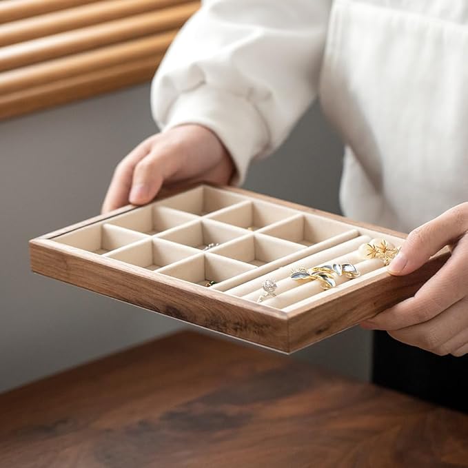 9 Grid +3 Line Black Walnut Wooden Jewelry Tray Organizer with Velvet Lining - Premium Jewelry Storage for Rings, Earrings, Brooches, LuxuryJewelry Drawer Organizer & Display Tray