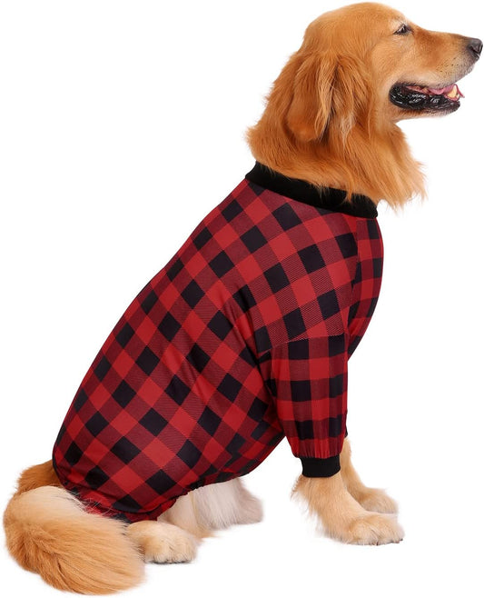 HDE Dog Pajamas One Piece Jammies Jumpsuit Pet Clothes Outfit Stretchy Lightweight Comfy Shirt Pjs for M-3XL Dogs Buffalo Plaid - XXL