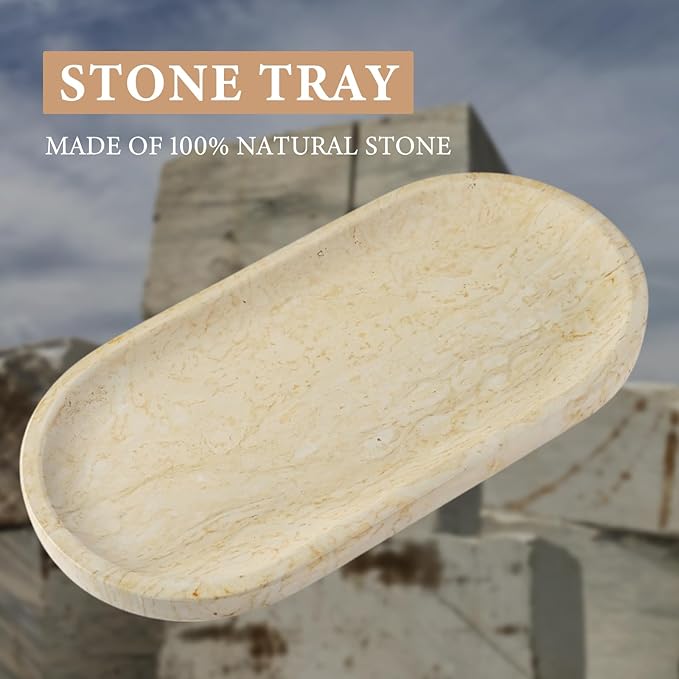 Koville Natural Marble Tray for Home Decor, 12"x6" Marble Vanity Tray for Dresser, Stone Perfume Organizer Jewelry Dish for Bathroom, Stone Catchall Storage Trays for Candles