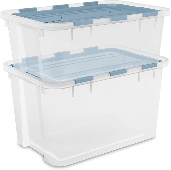 Sterilite 6 Pack Hinged Lid Storage Box, 40 Qt Plastic Container, Washed Blue - Home Organizer Tote for Storing Shoes, Crafts, Clothing, or Decor
