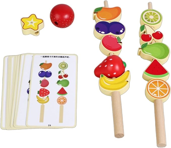 Menolana Children Cognitive Game Fruit Threading Toy Set with Wooden Lacing Beads Pattern Cards Stacking Creative Role Play Props Suitable for Preschool Activities Group, Candied Haw Skewers