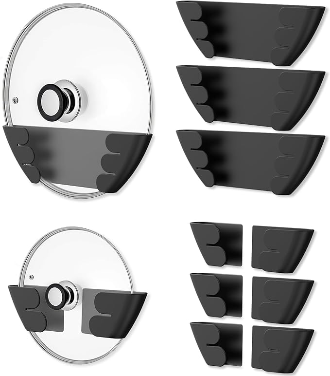 Universal Adjustable Pot Lid Holder Organizer for Cabinet - Upgraded Patented Niceyos 8 Pack Pan Lids Organizers Inside Cabinet Door Wall Mount Pots Top Rack for Kitchen Cupboard Fit 6" to 13" (Black)