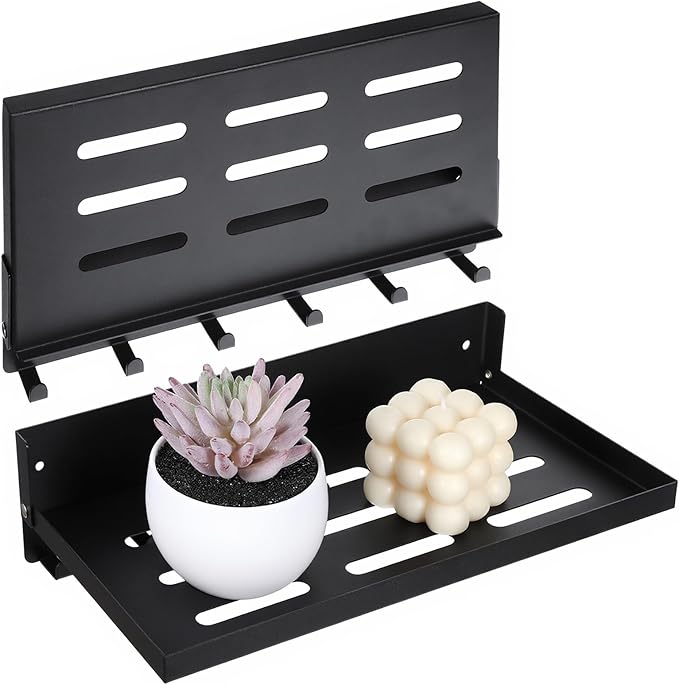 2 Pack Black Folding Wall Shelf with Hooks, Fold Down Wall Mounted Shelf – Space Saving 90° Foldable Shelves for RV, Camper, Bathroom, Kitchen, Garage, Laundry & Utility Room Storage (12”x6”)
