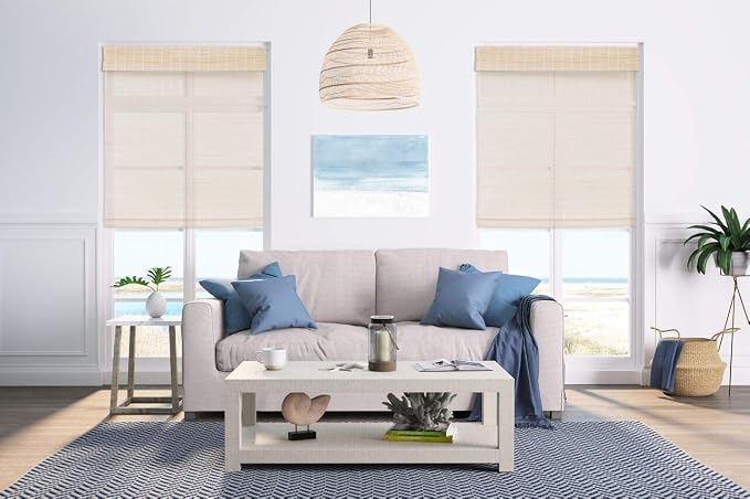 Cordless Woven Wood Roman Shades, 44W x 36H, Bamboo Mesh Natural, Sizes 20-72