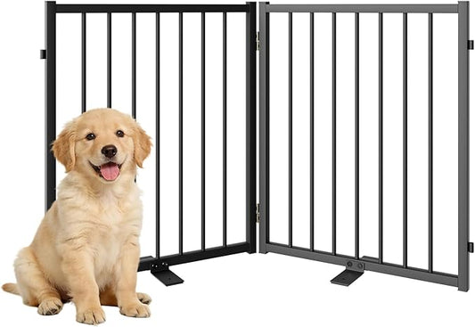 Full Metal Freestanding Dog Gate with Door, 24'' Height Foldable Pet Dog Fence for Indoor & Outdoor, 2 Panels Extra Wide Free Standing SmallDog Gates for Doorways,House,Stairs,Porch,Deck,Yard
