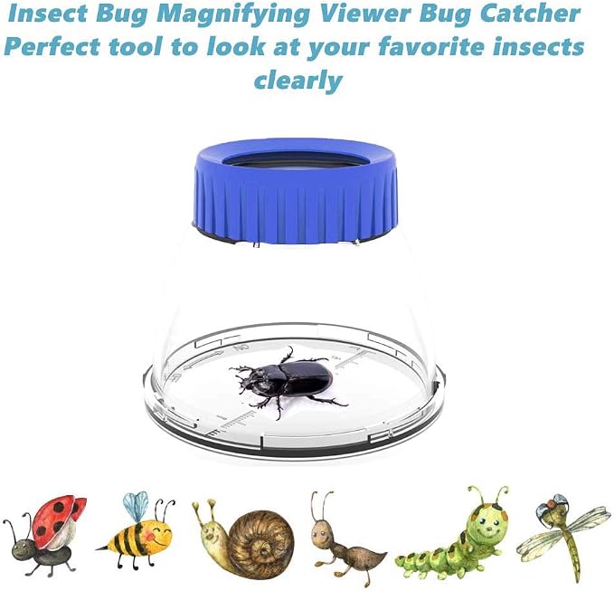 Bug Catcher 5X Magnifying Insect Observation Kit Built-in 7cm Ruler with 2 Slant Tweezers Bug Viewer Cage for Kids Science Nature Exploration (2 Pack Blue)