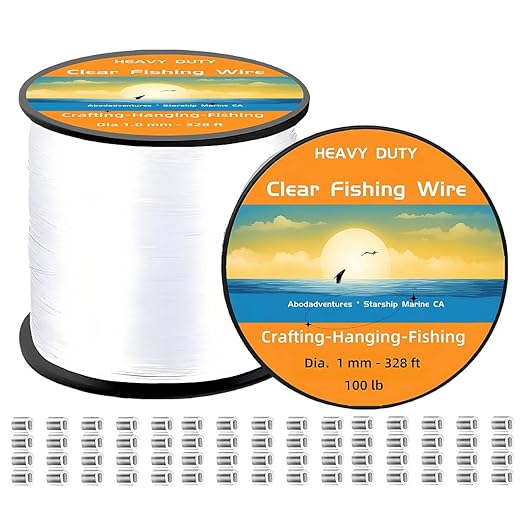 Aboda Heavy Duty Fishing Line 1mm 100lb Test 328 Ft Value Pack with Crimp Sleeves, Clear Monofilament Fishing Line - Strong Invisible Fishing Wire for Crafts, Hanging Decorations, and Pictures
