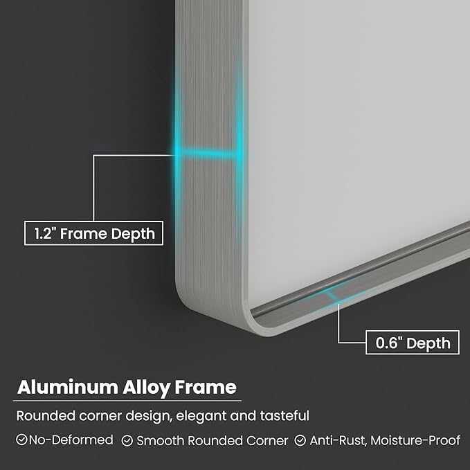 Brushed Nickel Bathroom Mirror 60x36 Inch, Brushed Silver Metal Frame Mirror Wall Mounted, Rounded Rectangle Bathroom Vanity Mirror, Tempered Glass, Anti-Rust, Horizontal/Vertical