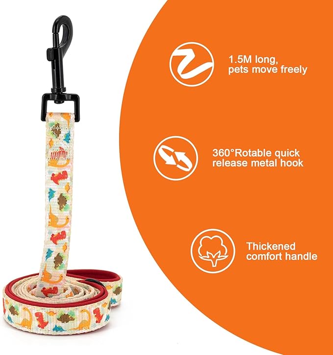 Adjustable Dog Harness and Leash Set for Girl Air Mesh Dog Vest Harness 5Ft Pet Training Leash with Soft Handle Pet Escape Proof for Small Medium Large Dogs (Dinosaur, L)