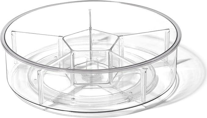BINO Plastic Round Turntable Organizer with 6 Compartments - Clear | Spinning Divided Turntable Container | Rotating Organizer Storage for Bottle Condiments Fridge Kitchen Counter Pantry Bathroom