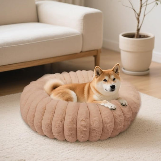 Donut Dog and Cat Bed, Luxurious Comfortable Faux Rabbit Fur Pet Beds, Round Anti-Anxiety Calming Puppy Kitten Bed with Anti-Slip Bottom for Small Medium Dogs & Cats(23", Brown)