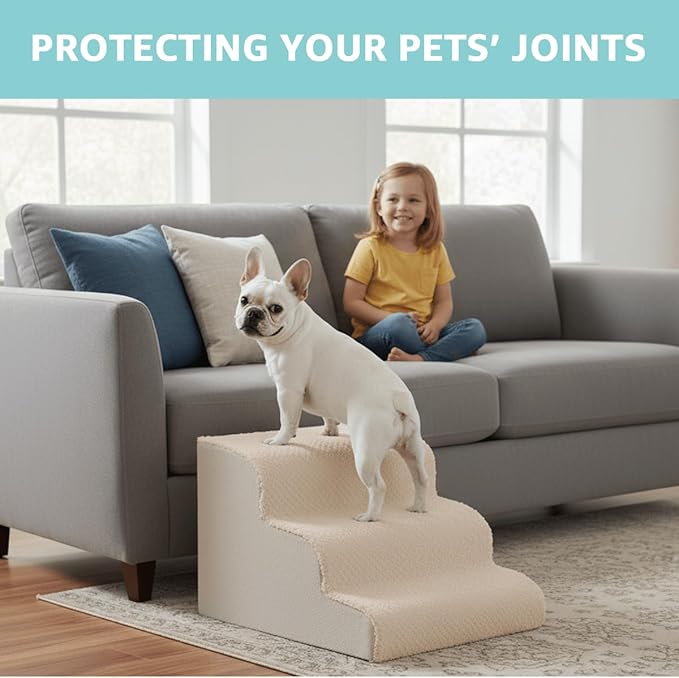 Dog Stairs for Small Dogs 15" H, 3-Step Dog Steps Ramp for Couch Sofa and Chair with Anti-Slip Washable Cover and Durable High Density Foam, Pet Stairs for Cats, Beige