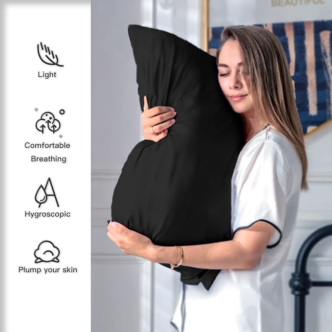 Natural Mulberry Silk Pillowcase with Hidden Zipper for Hair and Skin Standard Size 20"X 26" Soft Breathable Smooth Cooling Pillow Covers for Sleeping(Black,1Pcs)