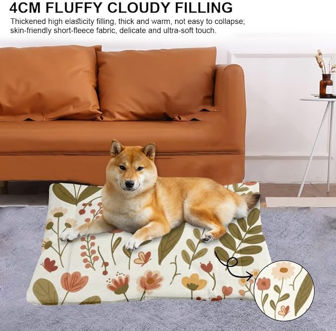 Cream Rustic Botanical Print Art Puppy Dog Bed Dogs Mat Puppy Pad Dog Crate Bed Washable Non-Slip Crate Cushion Washable Beds Pet Mat Pillow for Indoor Outdoor 24X18 Inch