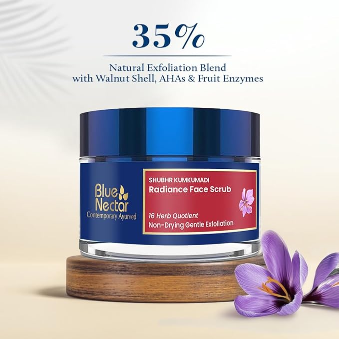 Blue Nectar Saffron Face Scrub for Glowing Skin by Exfoliating Face Scrub | Gentle Ayurvedic Kumkumadi Oil Tan Remover for Refreshing Sun-exposed Skin (16 Herbs, 1.7 Oz)