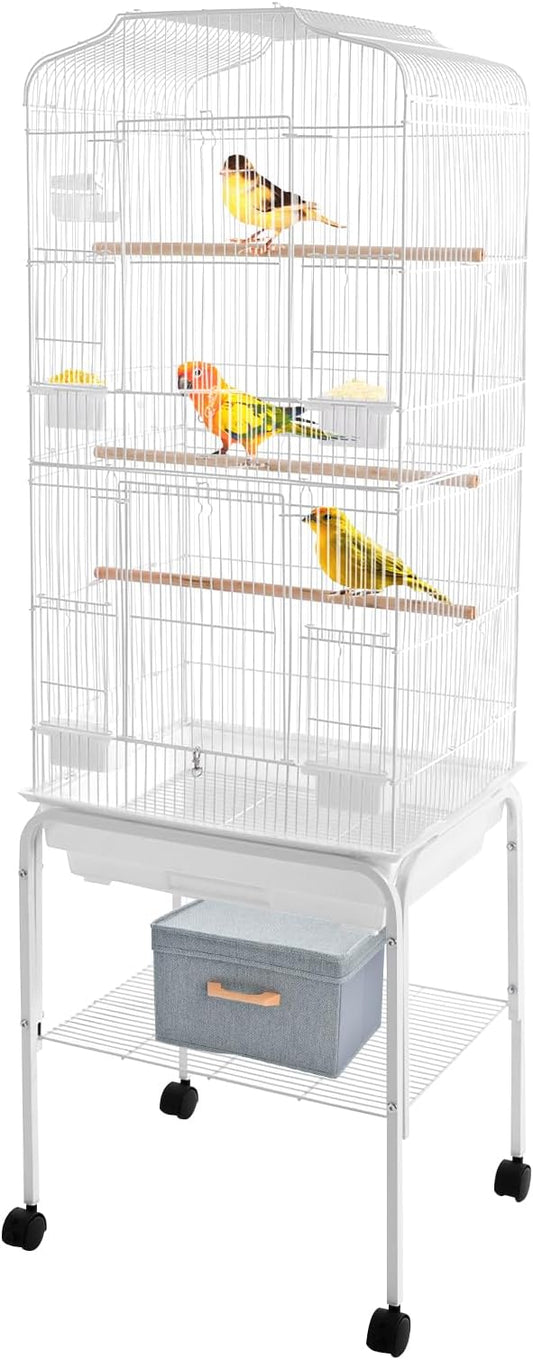 Bird Cage with Universal Wheels, Freestanding Parakeet Birdcage, Large Iron Flight Bird Cages 360° Full Hollow Design Pigeons Parrot, 18x15x54 Inch, with Feeding Bowls, Waterer (White)