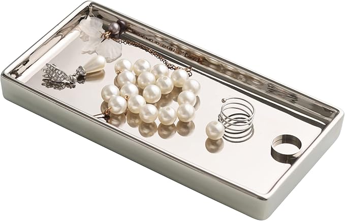 Jewelry Dish Tray Ceramic Trinket Tray Rectangte Vanity Makeup Mirror Tray Silvery