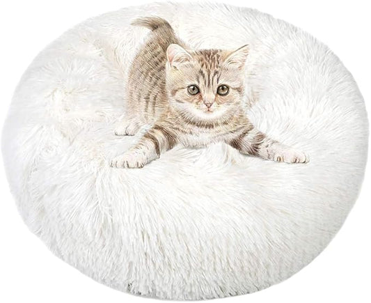 otoez Kitten Puppy Donut Bed - Small Round Dog Cat Beds Anti Anxiety Plush Pet Calming with Non-Slip Waterproof Bottom, Washable (19.7", White)