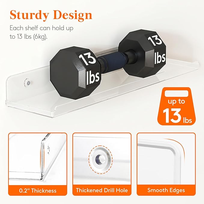 Lifewit Floating Shelves for Wall, Acrylic Display Shelf Wall Mounted for Figure, Car, Art, Book, 14" Perfume Organizer for Bathroom, Bedroom, Living Room, Nursery, Home Decor, Clear, 8 Pack