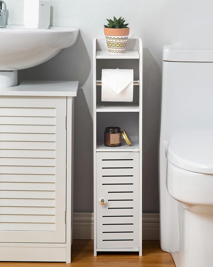 AOJEZOR Toilet Paper Holder Stand: No Drill PVC Small Bathroom Cabinet for Apartment Dwellers - Rental Deposit Protection - Small Space Storage Saving