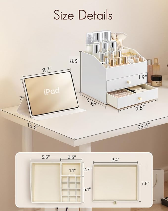 Vlando Makeup Organizer for Vanity,Large Capacity Countertop Organizer with Drawers, PU Leather Cosmetic Display Case for Lipstick,Brushes,Skincare,Nail polish and Bedroom Storage (White)