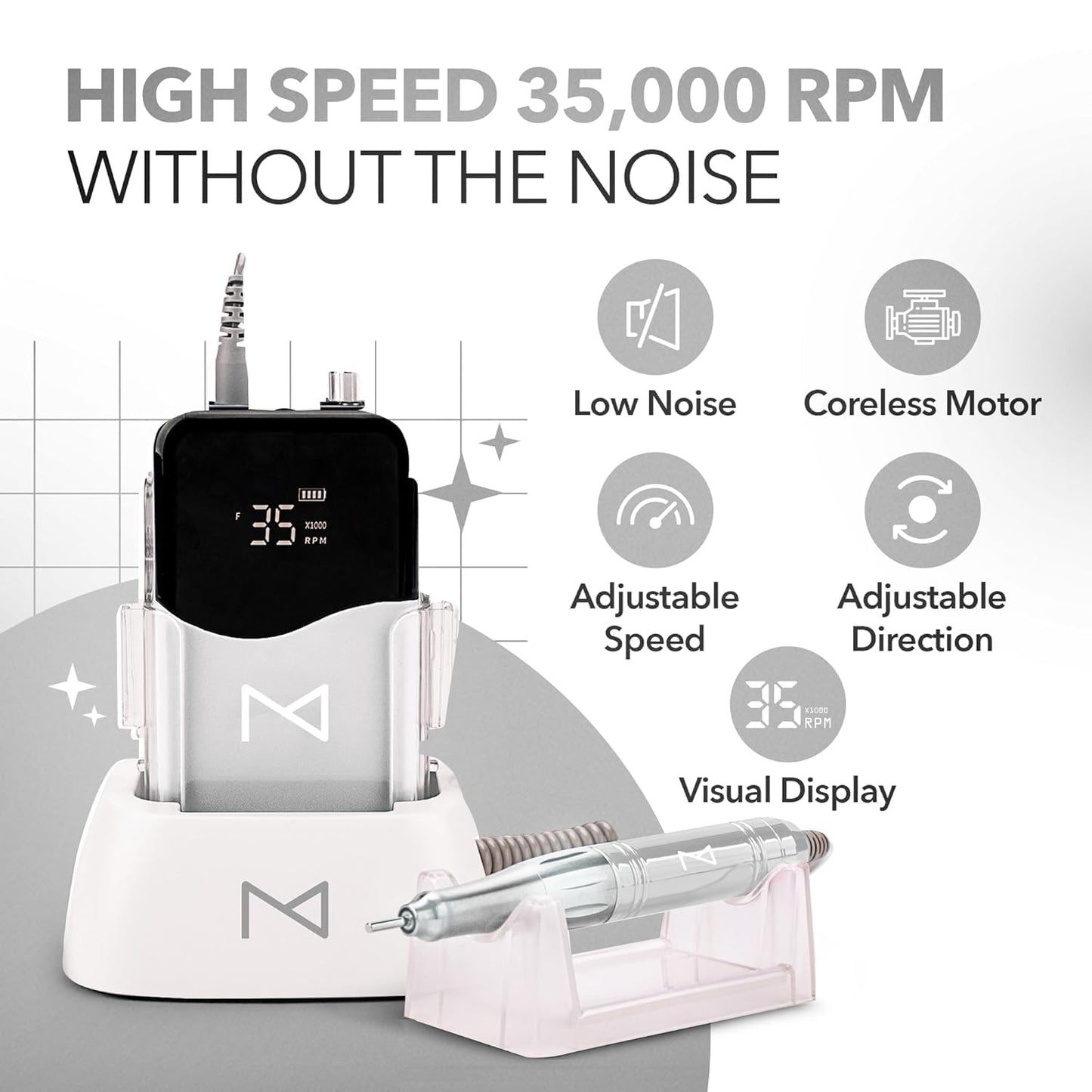 M Mase- Professional Nail Drill Machine - Coreless 2-in-1 Nail File - Electric, Cordless, 35000 RPM, HD Display - Electric Nail Drill for Professional & Home Use (Pink Gold)