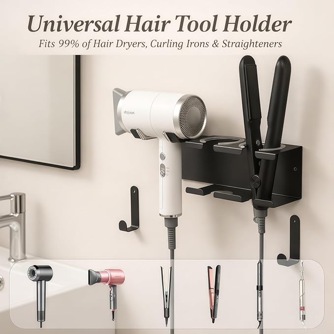 Hair Tool Organizer, Stainless Steel Hair Dryer and Straightener Holder, Curling Iron Holder Wall Mount 3-in-1 Storage for Bathroom, Hair Dryer Holder Black BANJEKT