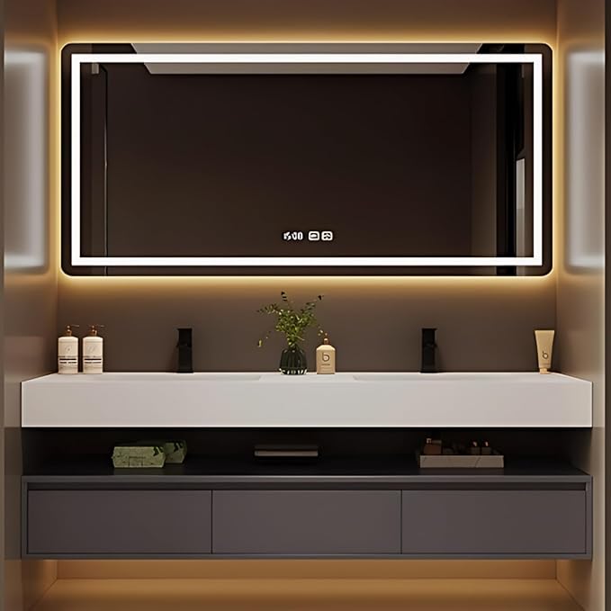 60IN Bathroom Vanity Double Sink - Double Sink Bathroom Vanity Set Include Smart Defogging Bathroom Mirror Cabinet with LED Light Strips, Abundant Storage Space with 3 Drawers (Mirror)